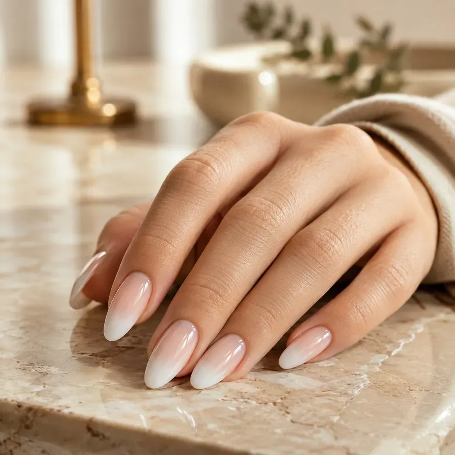 French babyboomer, dégradé rose nude vers blanc laiteux nacré