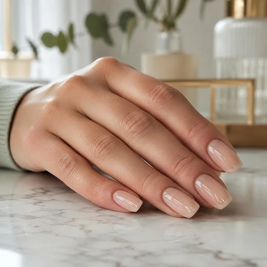 Renfort semi-permanent nude laiteux sur ongles naturels, finition satinée