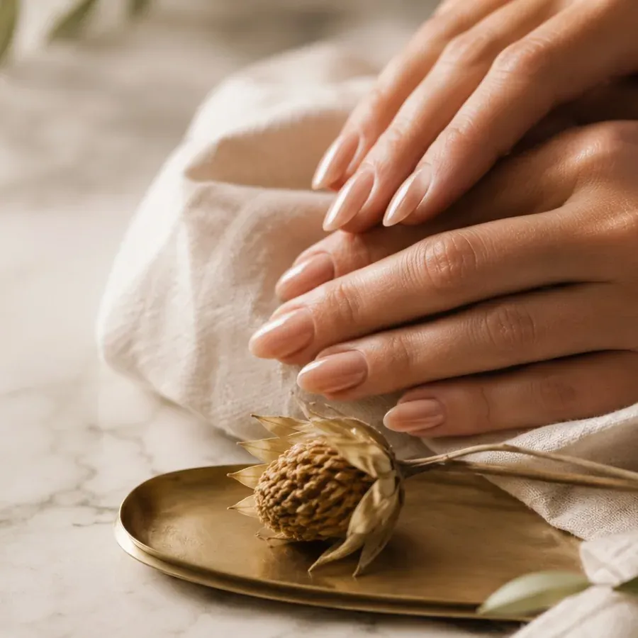 Ongles nude en amande et fleur séchée dorée, décor raffiné