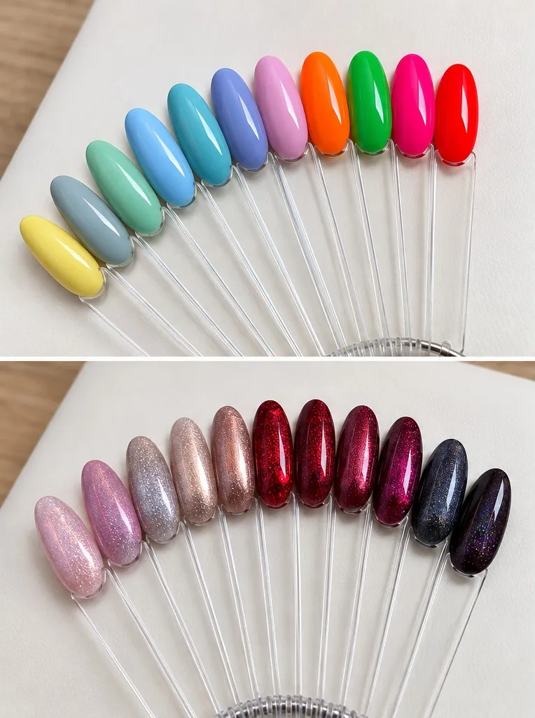 Nuancier de vernis : couleurs vives et pastels, puis teintes pailletées
