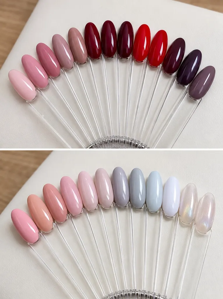 Nuancier de vernis : roses, rouges, bordeaux et prune, puis nudes, gris perle, blanc et nacrés