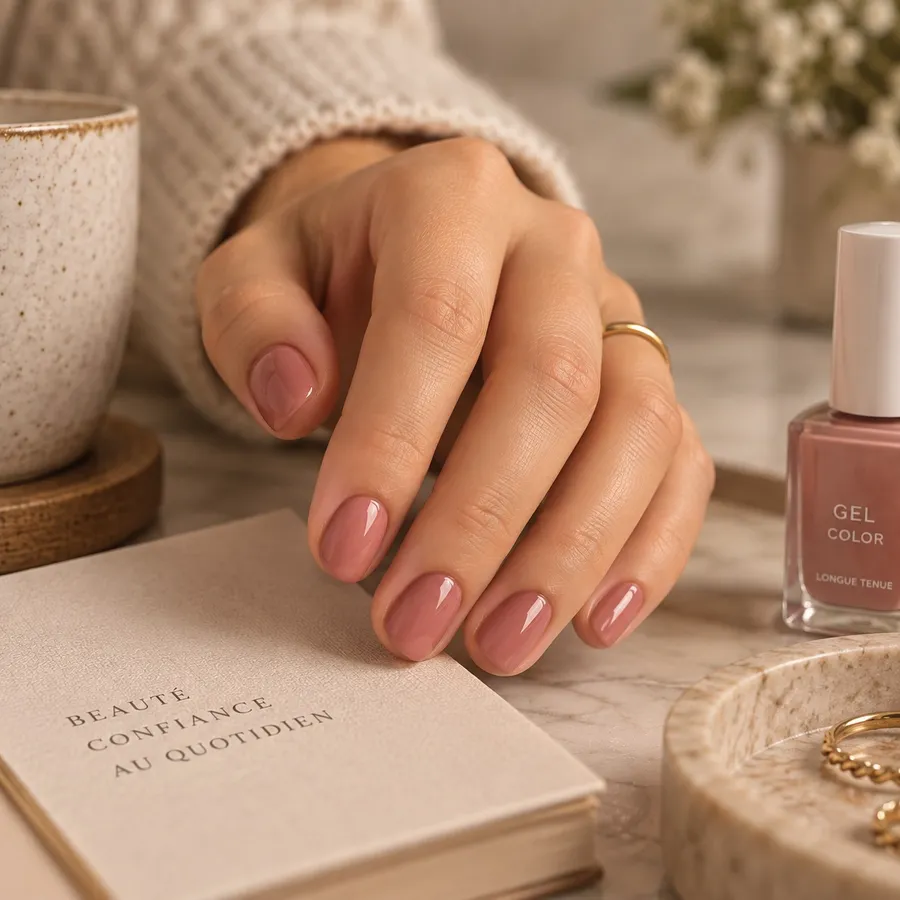 Renfort Gel Easy Base + vernis permanent couleur sur ongles courts